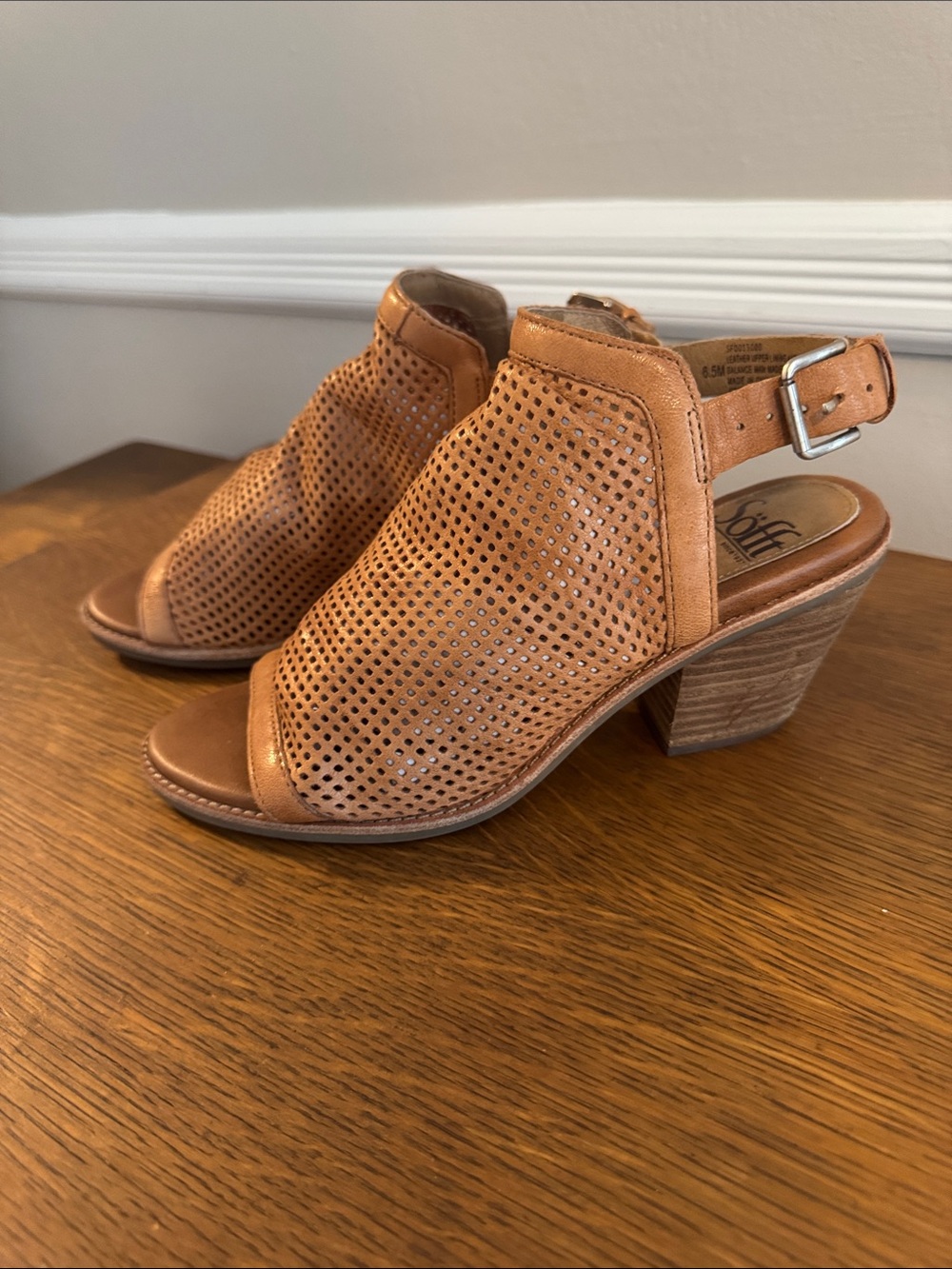 Sofft Tan Leather Perforated Block Heel Sandals - Open Toe Slingback